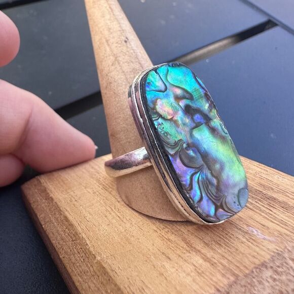 Abalone Shell Sterling Silver Plated Ring – Size 13 Statement Jewelry - Picture 6 of 11